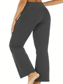 女士喇叭瑜伽裤高腰瑜伽裤带口袋喇叭工作裤健身裤 - 深灰色 - 查看 3