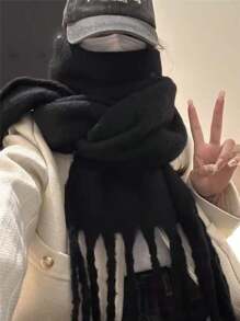 1pc Solid Color Scarf, Winter Warm Neck, Thickened Wool Knitted Thick Fringed Shawl, Can Be Worn