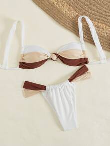 2pcs Elegant Sexy Backless Contrast Color Bikini Swimsuit For Women