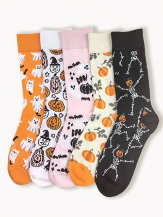 1 par de calcetines unisex de Halloween, calcetines de media pantorrilla con patrón divertido y personalizado de calabaza y calavera, de moda callejera, que absorben la humedad y son cómodos y versátiles para parejas y deportes, calcetines de otoño