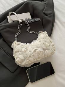 时尚链条肩带单肩包，金属链条肩带，花卉图案休闲手提包，女士斜挎包优雅玫瑰花朵图案晚宴手拿包，女士派对钱包可爱甜美女孩挎包纯色水桶包新娘手提包