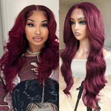 DZfirst 勃艮第波浪蕾丝假发 13x4 高清蕾丝前假发 预拔长 28 英寸蕾丝前假发 合成材质 可穿戴 日常使用蕾丝前假发 - 酒紅色 - 查看 2