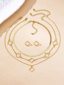 Set de 5 piezas Collar con colgante de trébol hueco de metal dorado elegante, adecuado para atuendos diarios y de fiesta de mujeres, conjunto de collar y aretes superpuestos - Amarillo Oro - Ver 3