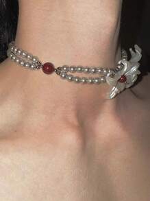 1件CCB夸张小众设计白色大花项链高端感鸢尾花银珍珠双层项链锁骨链男女通用