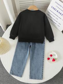2 件套年轻女孩运动衫套装，黑色长袖圆领运动衫，蝴蝶结印花，水钻刺绣直筒牛仔裤，2025 年秋季新品 - 黑色 - 查看 10