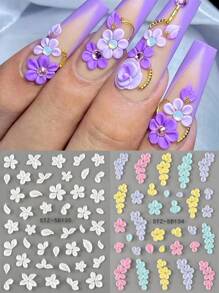FULL BEAUTY 2 Stück 5D geprägte Fünf-Blüten-Nagelkunst-Aufkleber, bunte Blüten-Charms für Herbst und Winter, selbstklebende Nageldekore, weiße Nägel, Hochzeit Maniküre Dekorationen, Nagelzubehör