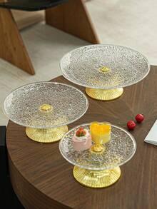 1pc Creative Afternoon Tea Snack Display Tray, Wooden High Foot Platter For Living Room, Coffee Table, Dining Room Decor, Suitable For Party, Home, Wedding, Dining Table - Transparent Floral-gold Feet - View 3
