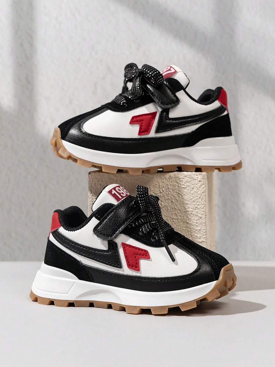 Fashionable Thick-Soled Children's Shoes, Black, Red And White Color-Blocking Design To Create A Street Style For Kids, With A Vel Strap For Easy On And Off, Versatile With Various Clothing Styles. - Black - View 1
