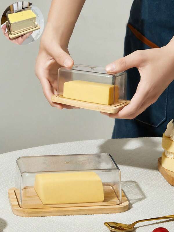 1pc Bamboo Butter Dish, Butter Dish With Lid, Butter Box, Cake Box, Small Transparent Box For Storing Butter, Small Cakes, Fruits And Bread In The Kitchen, Exclusive Box For Cheese, Home Decoration, Kitchen Tool, Pre-Meal Preparation, Dining Room Accessory, Refrigerator Organizer.