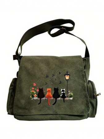 Bolso de hombro de gran capacidad, bolso de mensajero tipo tote vintage con solapa, bolso cruzado con patrón de 4 gatos sentados en una mesa de piedra, adecuado para diversas ocasiones como compras, viajes, cenas, regalo perfecto para amantes de las mascotas