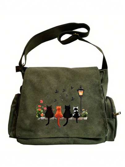 Large Capacity Shoulder Bag, Flap Vintage Tote Messenger Bag, 4 Cats Sitting On Stone Table Pattern Crossbody Bag, Suitable For Various Occasions Like Shopping, Travel, Dining, Perfect Gift For Pet Lovers , Green