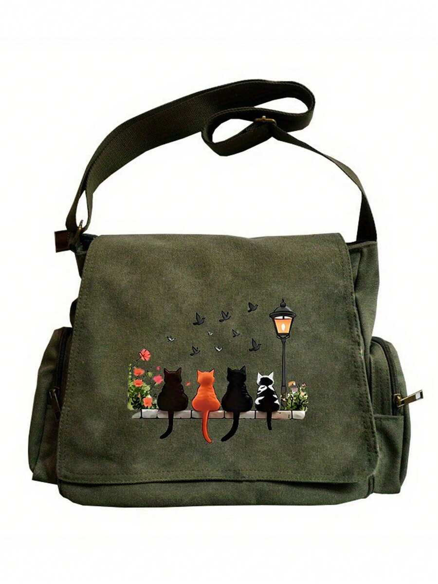 Túi đeo vai dung tích lớn, túi đeo chéo cổ điển có nắp, túi đeo chéo họa tiết 4 chú mèo ngồi trên bàn đá, phù hợp cho nhiều dịp như mua sắm, du lịch, ăn uống, quà tặng hoàn hảo cho người yêu thú cưng