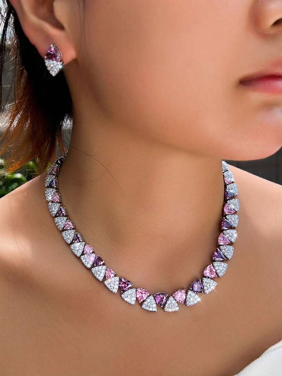 1 Set Beautiful Sparkling Purple And Pink Cubic Zirconia Chunky Luxury Round Wedding Bridal Party Choker Necklace And Earrings Jewelry Sets For Women