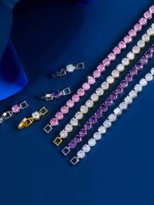 1pc 6mm Round Cubic Zirconia Purple Pink Classic Tennis Chain Bracelet For Women, Engagement, Wedding, Pageant, Bridal Party Jewelry Gift - Luxury Design - View 5