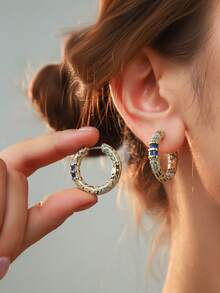 1 Đôi bông tai Zirconia xanh phong cách cổ điển, bông tai tròn sang trọng thanh lịch phù hợp cho trang phục đi làm hàng ngày của phụ nữ - Vàng - Xem 2