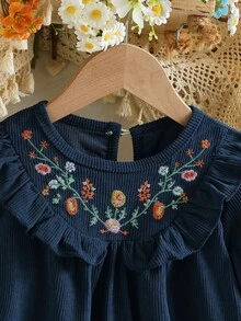 Embroidered Girls' Dress, Ruffle Collar Detailed Embroidery Long Sleeve Loose Dress, Suitable For Casual Outings/Outdoor Leisure Vacations/Princess Style, Spring/Autumn