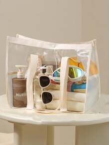 حقيبة شاطئ قطعة واحدة، حقيبة تخزين ملابس شفافة مقاومة للماء من البي في سي، حقيبة سفر كبيرة السعة محمولة للمكياج والعناية، باستثناء العناصر الموجودة داخل الحقيبة