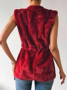 Chaleco de peluche para mujer con cierre de perla y cinturón ajustable , estilo elegante y acolchado de invierno - Vino - Ver 3