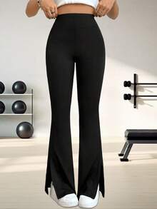 Women's Split-Leg Bell-Bottom Yoga Pants - High-Waisted Boot-Cut Yoga Bell-Bottom Pants - Solid Color Belly-Contracting Wide- Exercise Fitness Leggings, Elastic Polyester Fiber And Spandex Blend - Black - View 5