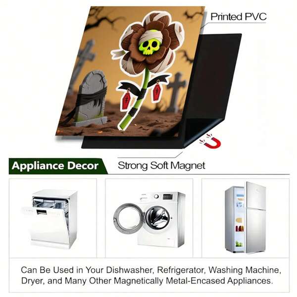1 pieza Pegatina magnética para lavar platos con estampado de flores de Halloween, resistente al aceite, impermeable, fácil de limpiar, con imán en la parte posterior, adecuada para decorar refrigeradores, lavavajillas, lavadoras y otros muebles y electrodomésticos con carcasa metálica | Material magnético duradero