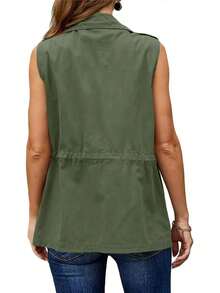 Fnortc Spring And Autumn Practical With Pockets Women's Workwear Vest Buttoned Sleeveless Jacket - xanh quân đội - Xem 6