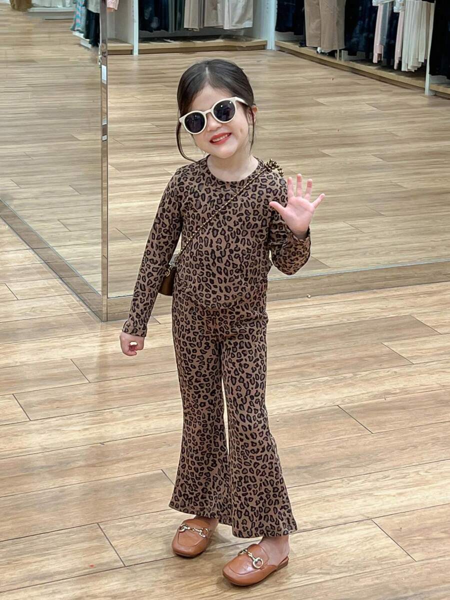 Girls Leopard Print Long Sleeve T-Shirt And Flare Pants 2-Piece Outfit, Fashionable And Stretchy, Autumn - Brown - View 1