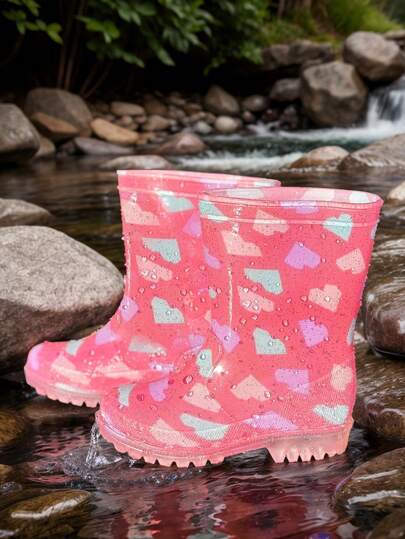 Children's Rain Boots Waterproof Suitable For Boys And Girls Handsome And Transparent Cute Cartoon Love Pattern Soft-Soled Water Shoes Suitable For Rainy Days School Travelling Outdoor Waders