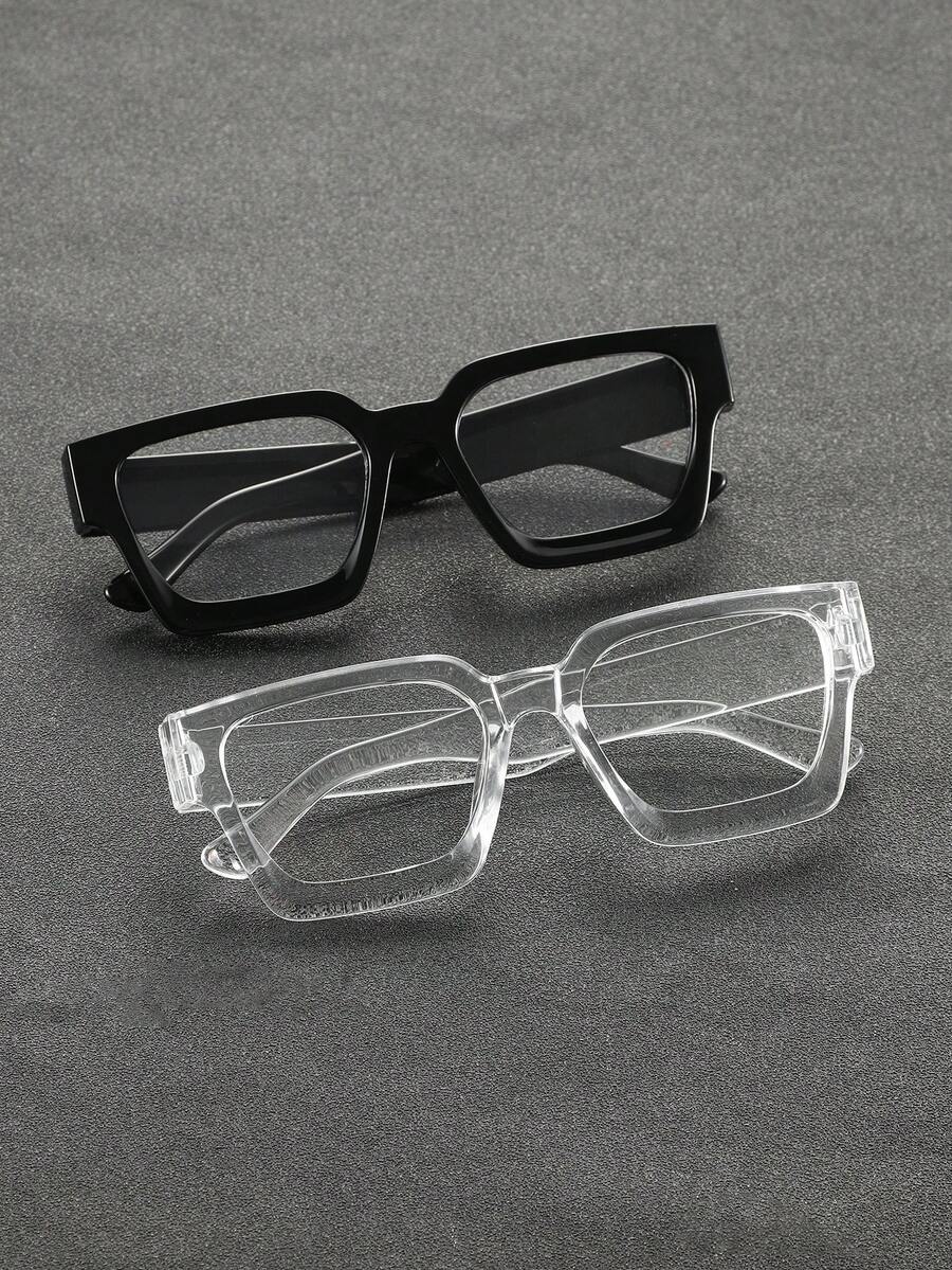 2pcs Plastic Black & Transparent Gray Geometric Full Frame Men's Clear Glasses, Suitable For Daily Life, Office, Music Festival, Dating And All Face Shapes