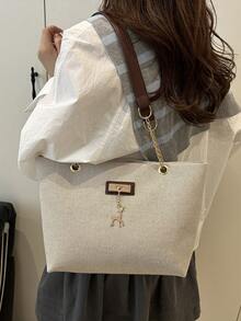 时尚大容量女士手提包，别致链条单肩包，腋下包，复古亚麻托特包