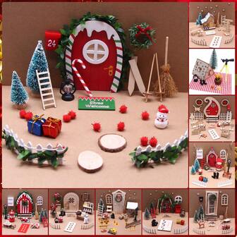 适用于娃娃屋的微型仙女门套装、木制家居装饰、圣诞礼物、BJD 微型圣诞花园故事主题场景道具模型配件、迷你圣诞节节日庆祝装饰道具