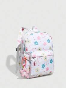 Ransel Wanita Motif Kartun Lucu dengan Blok Warna, Tas Sekolah Kasual, Tas Travel, Kapasitas Besar, dan Liontin Bunga (Posisi Cetakan Acak) - Berwarna merah muda - View 4