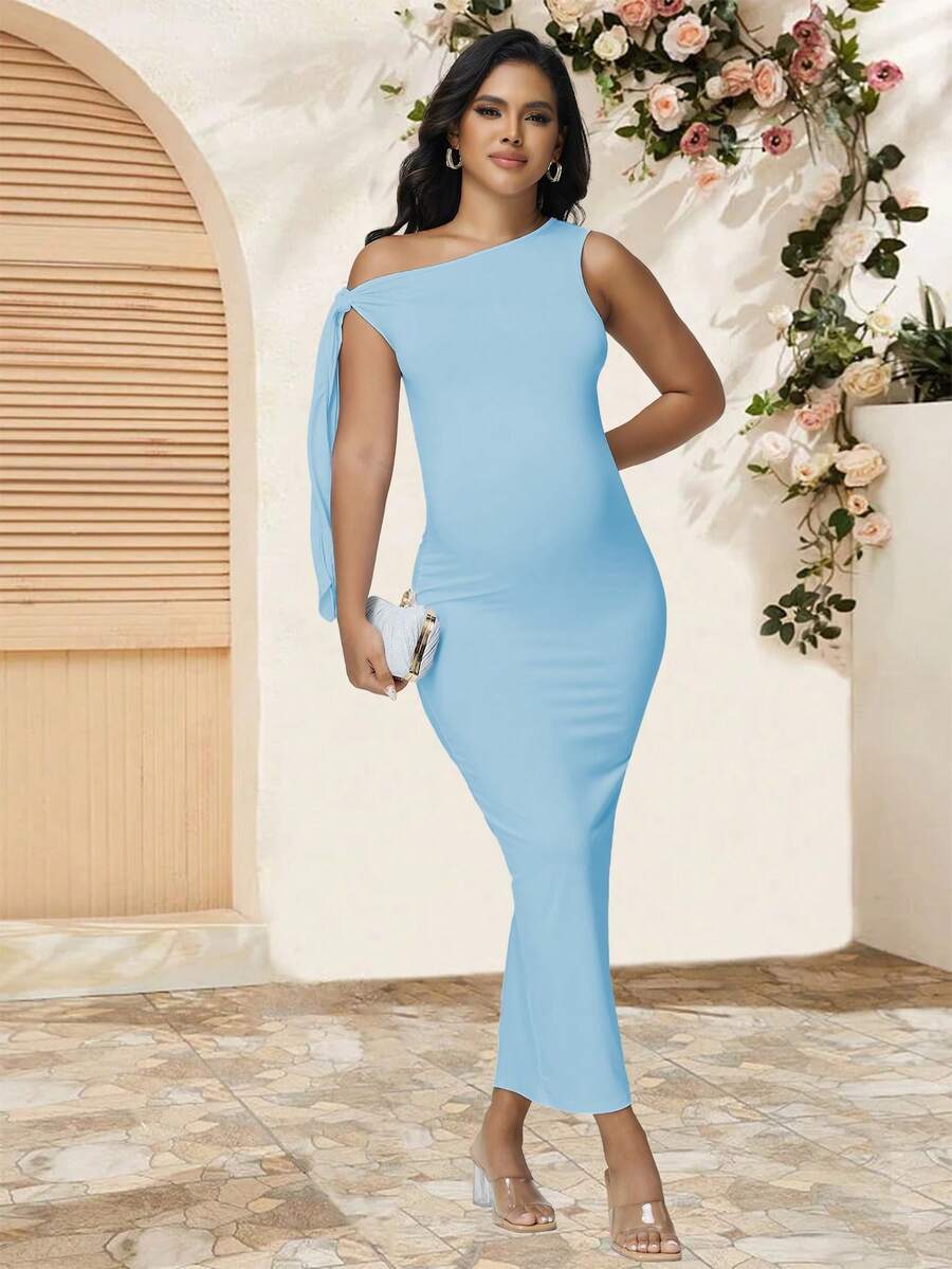 JustVH Asymmetric Neckline Fitted Maxi Dress For Pregnant Women, Elegant Solid Color Party Gown, Suitable For Baby Shower And Photo Shoot Spring - Baby Blue - View 1