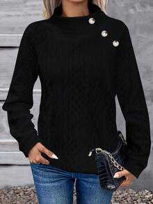 Fashionable High Collar Button Casual Sweatshirt, Versatile For Daily Wear - Black - View 3