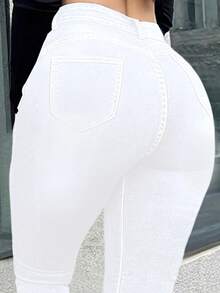 Women's High Waisted Tight Fitting Classic Double Breasted Jeans - Slim Fit, Comfortable And Elastic, Suitable For Leisure And Work - White - View 5