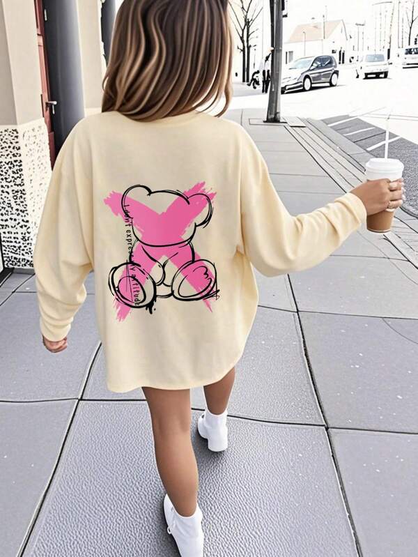 Tween Girls Graphic Print Round Neck Long Sleeve T-Shirt, Autumn/Winter Top