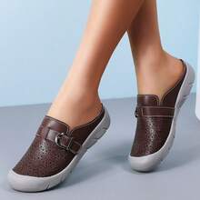 Women's Hollow-Out Buckle Flat Sandals, Casual Solid Color Slip-On House Shoes