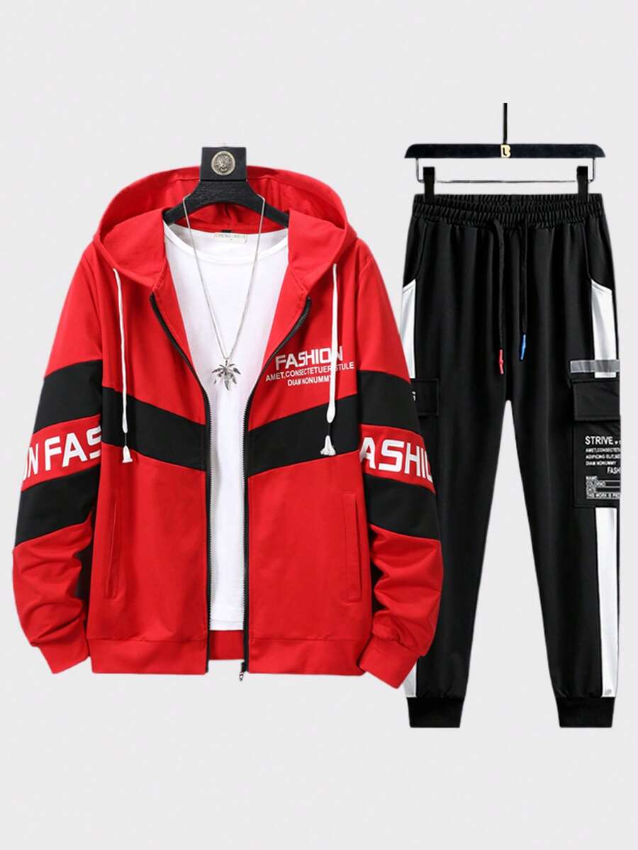 Conjunto de chaqueta y pantalones casuales para hombre para exteriores, diseño de color contrastante de manga larga y pantalones largos, otoño/invierno