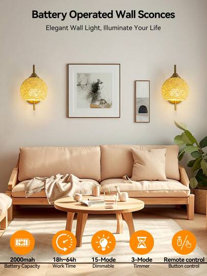 Battery Powered Wand Lamp Set, Goud Wireless Charging Verlichting 2000mAh Dimmable Detachable Bulb Remote Control, 15 Bedroom, Living Room, Corridor view 2