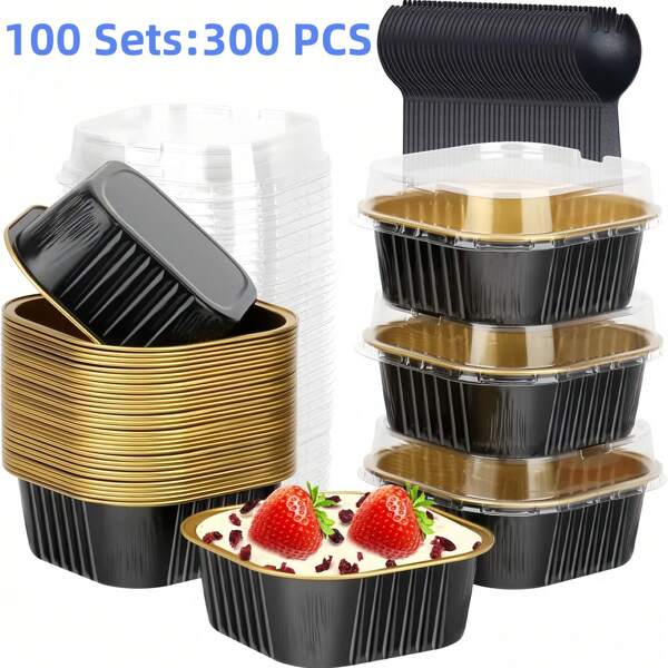 300PCS/100 Sets Baking Cups Aluminum Foil With Lids,Cup+Lid+Spoon,5oz Cupcake Mini Cake Pans For Muffins, Desserts, Flans, Pudding&Party Food Display