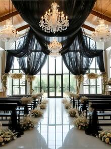 26ft Wedding Sheer Drapes, Chiffon Fabric Drapery Roof Ceiling Decor, For Wedding, Home, Room Decor, Bride Shower Birthday Party, Graduation, Hotel Decorations, Wedding Decorations - Black - View 7