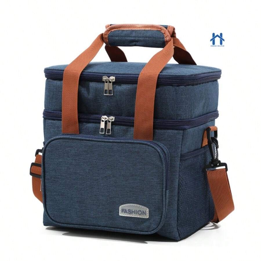 Large Thermal Bag With Side And Front Pockets, Fitness Lunch Box Holder With Hand Strap And Cross-Shoulder Strap - 藍色 - 查看 1