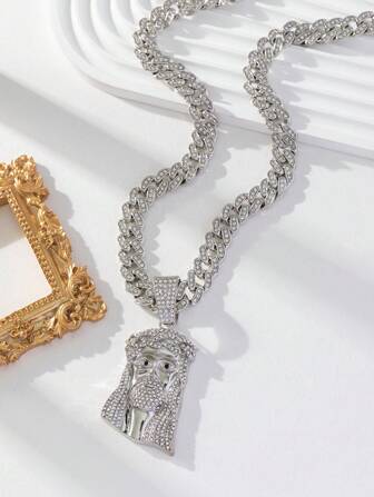 Glittering Hip Hop Religious Jesus Head Pendant Necklace, Fashion Accessory For Rappers, Suitable For Men And Women, Holiday Gift, Party, Outdoor