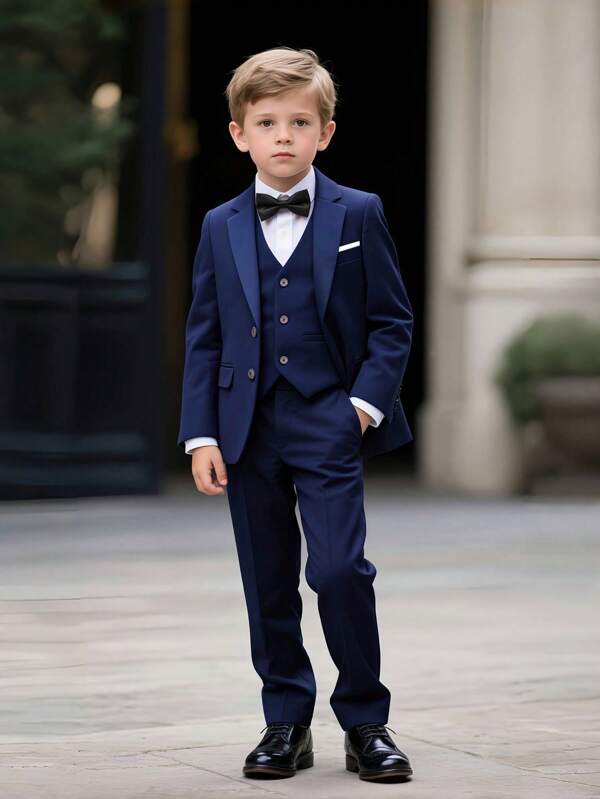 4-Piece Set Of Boys Gentleman Suits For Boys Elegant Navy Blue Formal Flat Collar Suit Jacket Vest Trousers With Bowknot Suitable For All Seasons For Party Weddings And Special Occasions