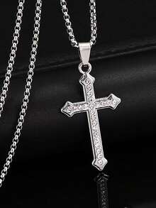 1 件简约水钻不锈钢十字架项链，百搭高端毛衣链，全冰花十字架吊坠项链，欧美日常佩戴 - 彩色 - 查看 6