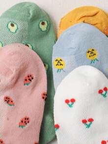 5雙女士櫻桃圖案時尚短襪適用於日常 - 彩色 - 查看 4