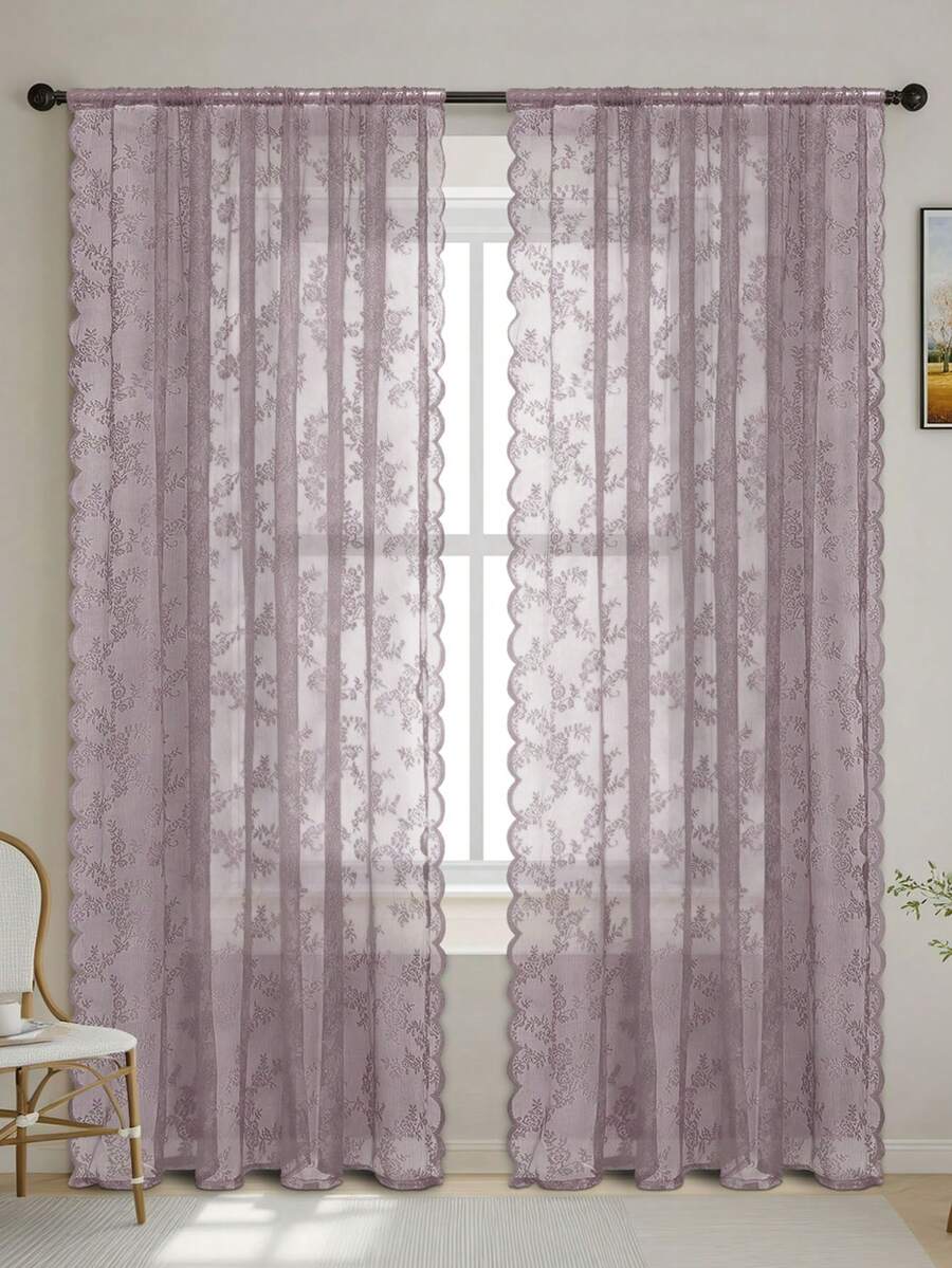 1pc Floral Lace Curtain For Bedroom, Living Room, Balcony Partition Decor - Dirty Powder - View 1