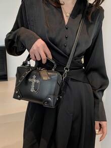 1pc Black Cross Decorated Punk Rock Motorcycle Style Tote Bag, Stylish Rivet Detail Shoulder & Crossbody Makeup Bag For Women, Perfect For Daily Use And Dating Gift - màu đen - Xem 3