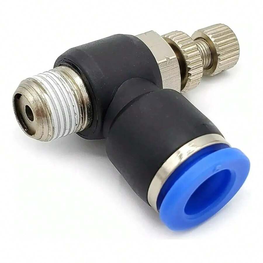 Regulador de caudal neumático en ángulo recto de 90°, 1 pieza, 1/8'' NPT, 8 mm. Para conectar tubos a 90 grados a una conexión hembra. Conexión BSP macho en un extremo y receptor a presión en el otro. - Azul - Ver 1