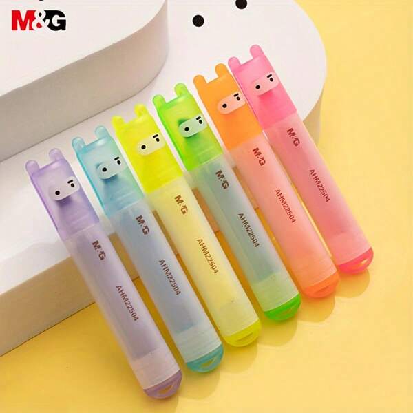 M&G 6 piezas Mini Bolígrafos Fluorescentes Resaltadores - Colores vibrantes, Punta biselada, Adecuado para uso en oficina y escuela, Fluorescente, Con llavero
