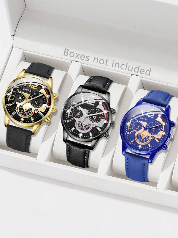 3PCS Men's PU Leather Strap Fashion Business Mixed Scale Three Eye Dial Quartz Watch Set Suitable For Daily Wear Decoration Or Holiday Gifts